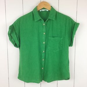 Zara S Crop 100% Linen Top Green Button Front